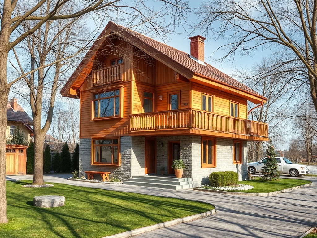 Деревянный дом с балконом и каменным фундаментом, окружённый зелёным газоном и деревьями.
