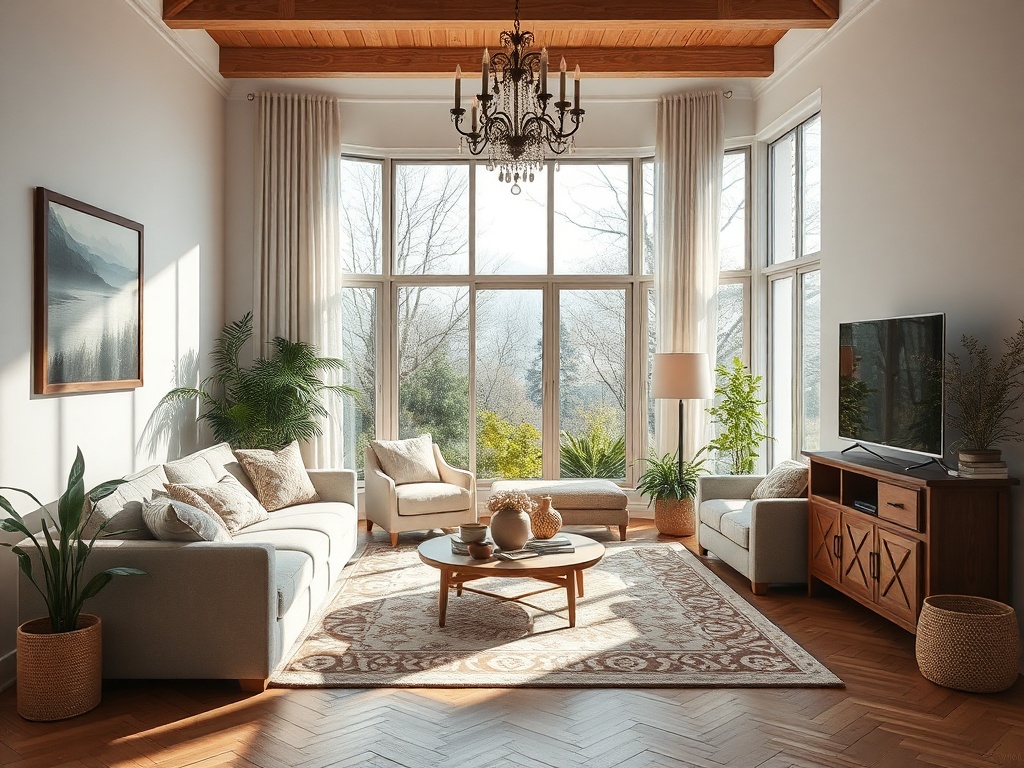 Уютная гостиная с большими окнами, свисающими шторами и стильной мебелью, наполненная светом и зеленью.