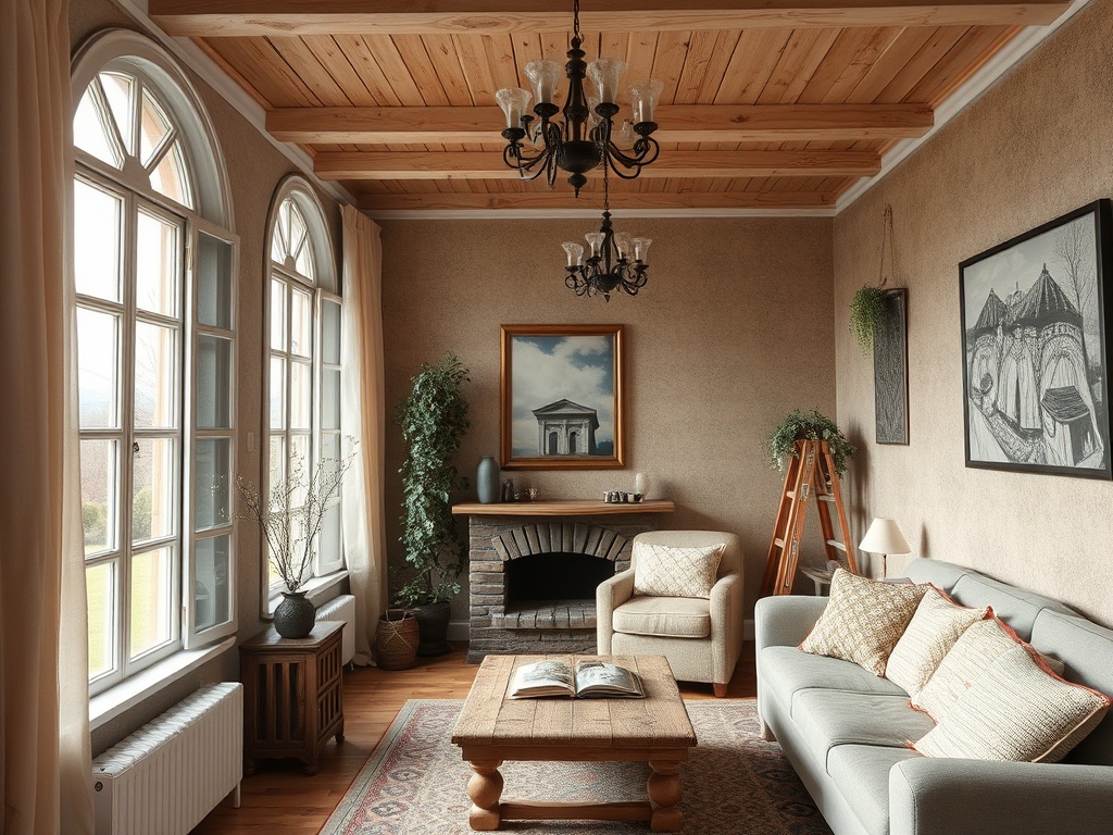 Светлая гостиная с деревяным потолком, уютной мебелью и большими окнами, создающая атмосферу уюта.