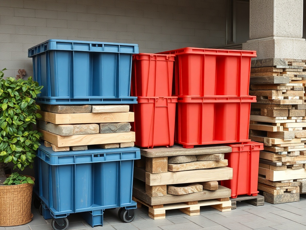 На изображении находятся синие и красные контейнеры на деревянных поддонах рядом с растением.