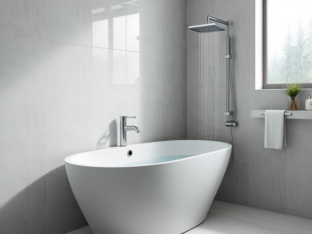 Удобная ванная комната с белой ванной, душем и окном, пропускающим солнечный свет.