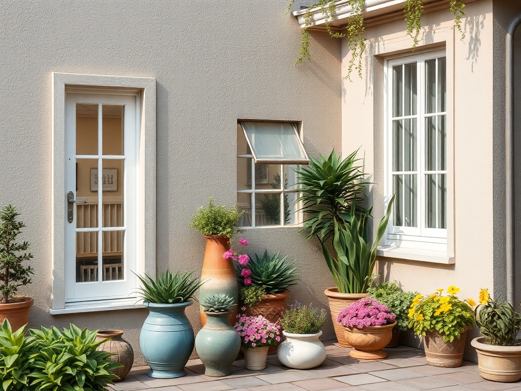Красивый двор с яркими цветами в горшках и дверью, ведущей в дом. Тёплая и уютная атмосфера.