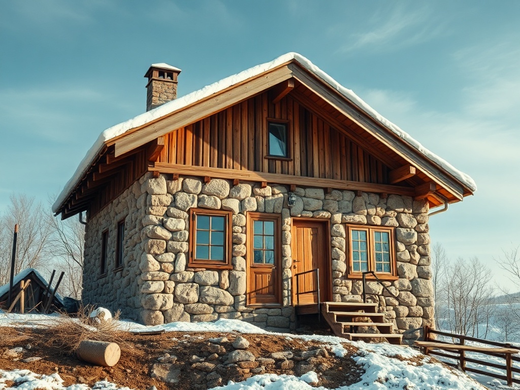 Красивая каменная хижина с деревянной крышей и шагами, окруженная снежным пейзажем.