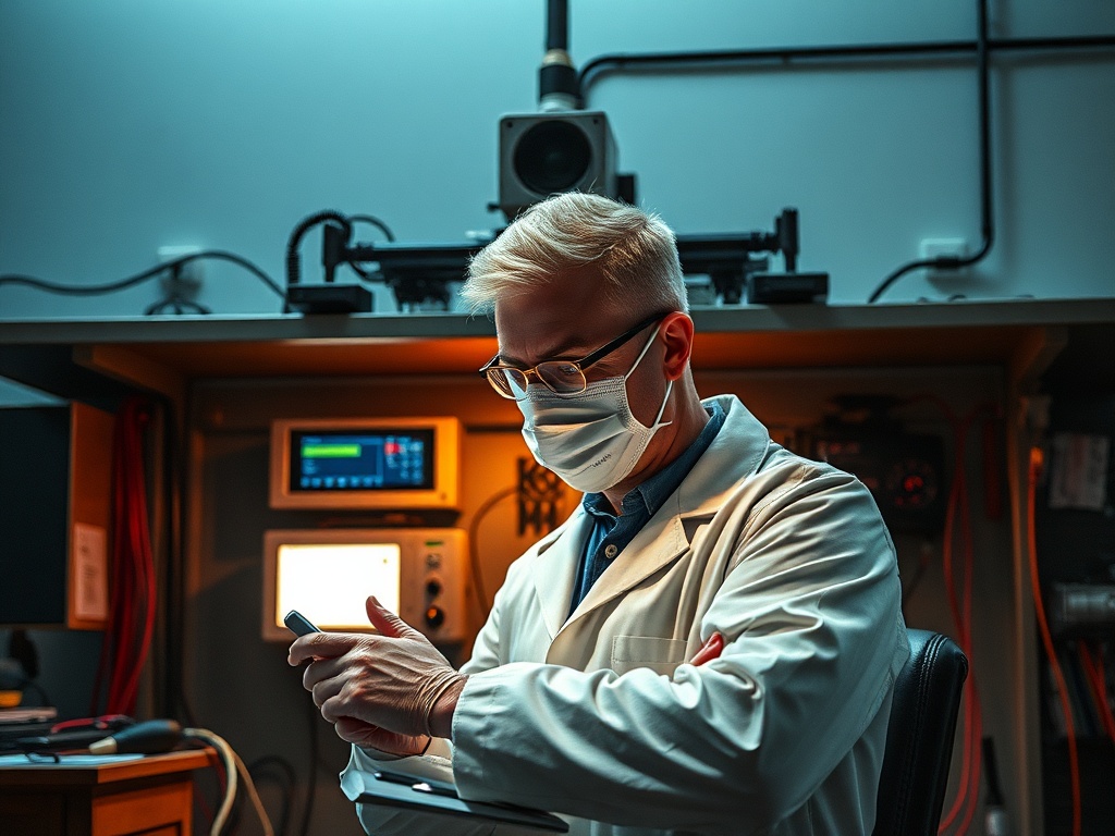 Научный работник в лабораторном халате и маске, работающий с аппаратурой и планшетом.