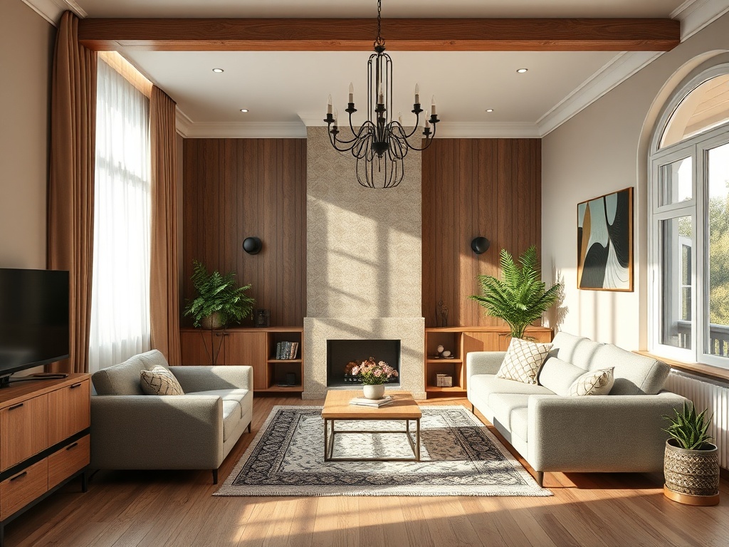 Современная гостиная с уютными диванами, деревянными элементами и большим окном, заливающим светом.