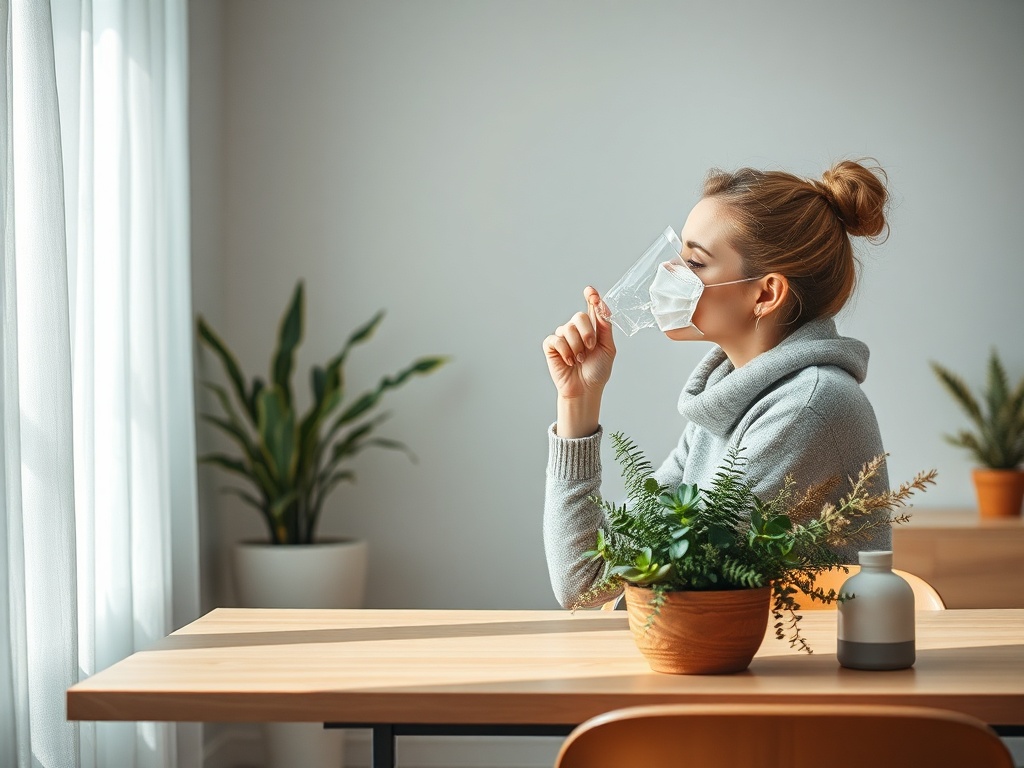 Женщина в маске, держащая стакан, сидит за столом у окна с зелеными растениями на фоне.