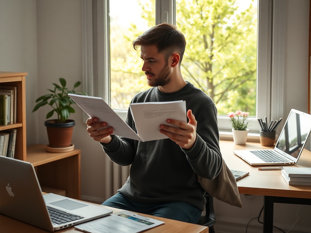 Молодой человек в сером свитере сравнивает документы, сидя за столом у окна с зелёными растениями.