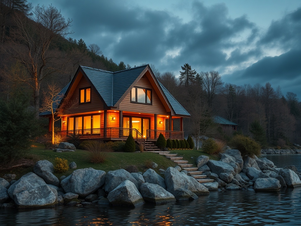 Уютный домик у воды, освещённый тёплым светом, окружённый природой и камнями, под вечерним небом.