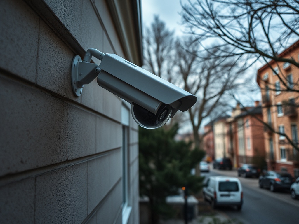 Камера наблюдения установлена на стене дома, виден городской пейзаж на фоне.