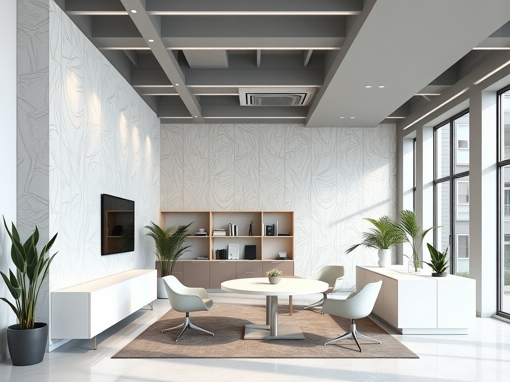 Современный офис с большими окнами, стильной мебелью и растениями. Уютная атмосфера для работы и общения.