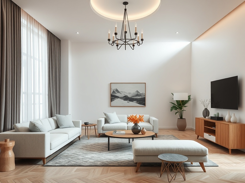 Современная гостиная с уютной мебелью, светлыми шторами и акцентами в виде растений и декоративных элементов.