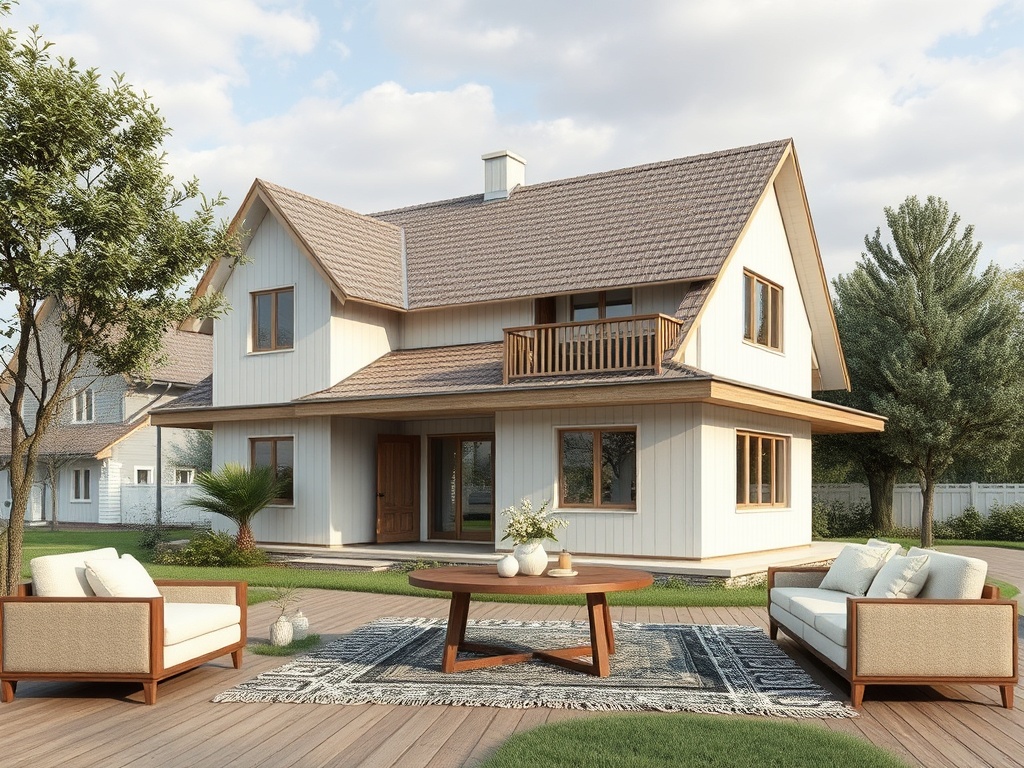 Современный загородный дом с террасой, окружающий зеленый газон и уютная зона отдыха на палубе.