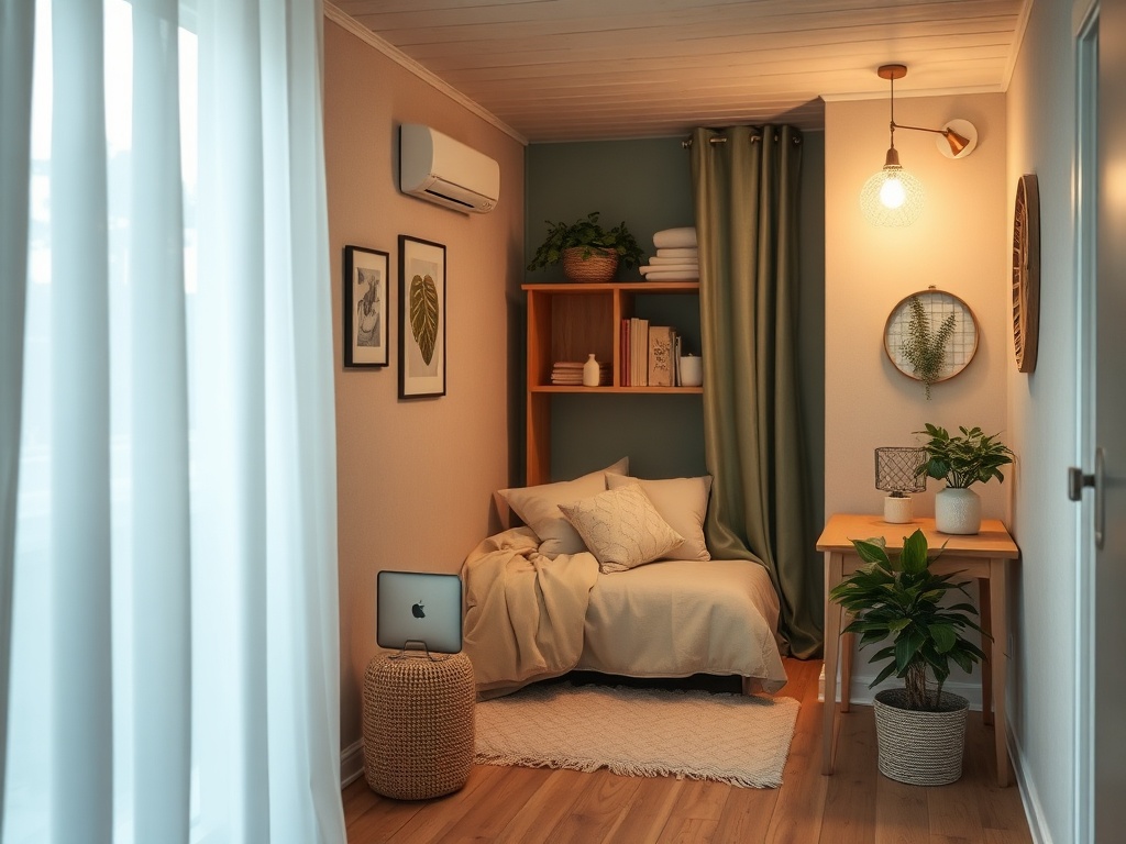 Уютная комната с диваном, столом, растениями и декоративными элементами в мягких тонах.