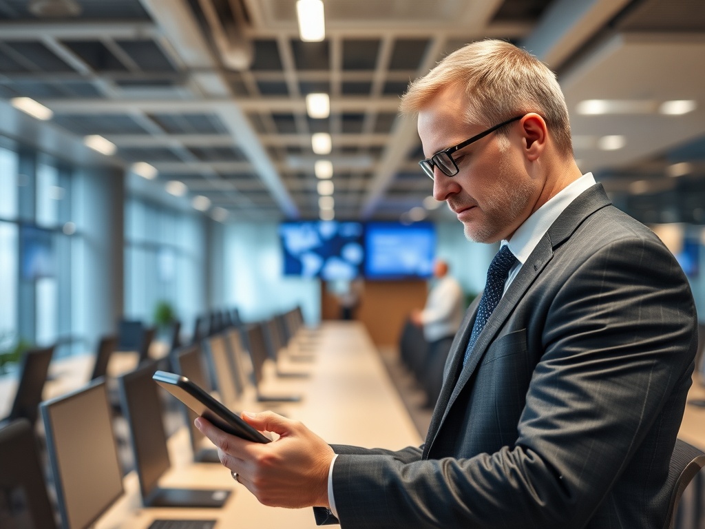 Мужчина в строгом костюме с планшетом в руках в современном офисе, рядом с пустыми рабочими столами.