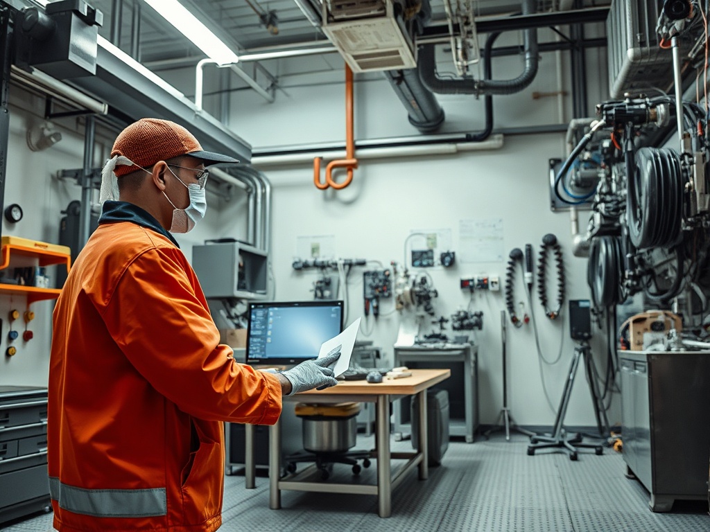 Рабочий в защитной одежде изучает документы на фоне технического оборудования в мастерской.