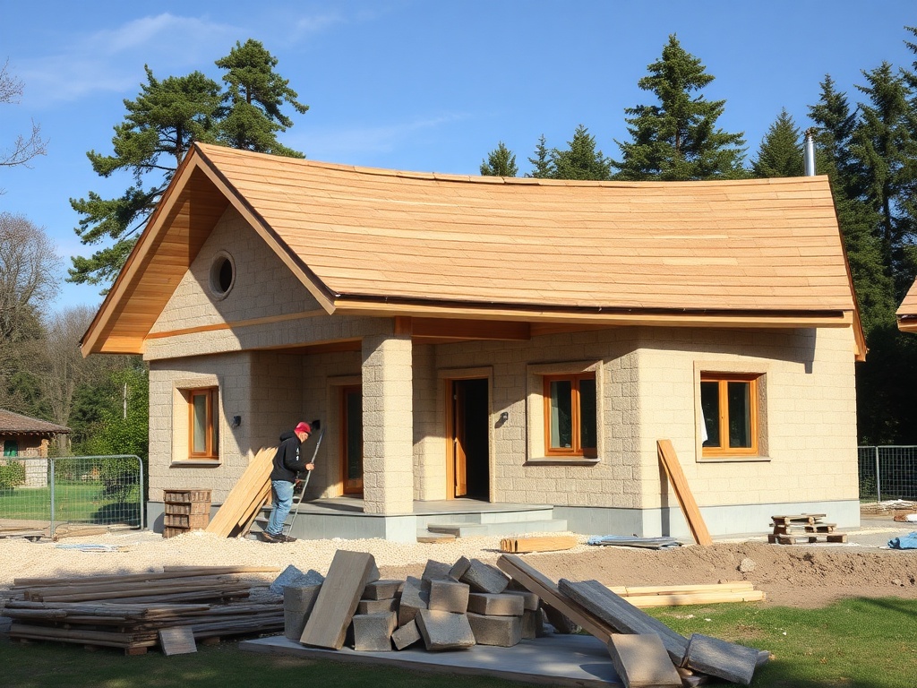 Строящийся дом с деревянной крышей, рабочий на площадке, вокруг строительные материалы.