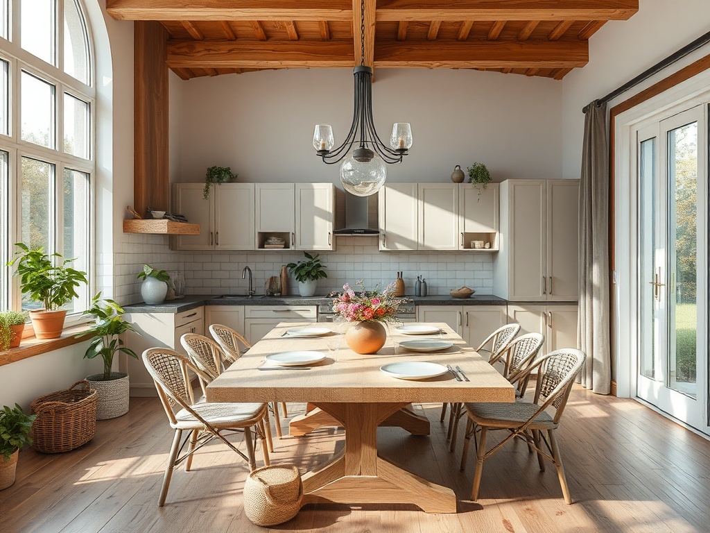 Современная кухня с большим обеденным столом, стульями и зелеными растениями в уютной атмосфере.
