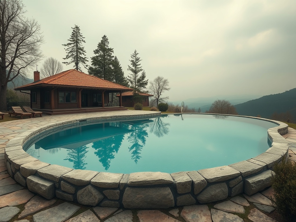 На фоне гор находится дом с бассейном, отражающим деревья и облачное небо. Спокойная атмосфера.