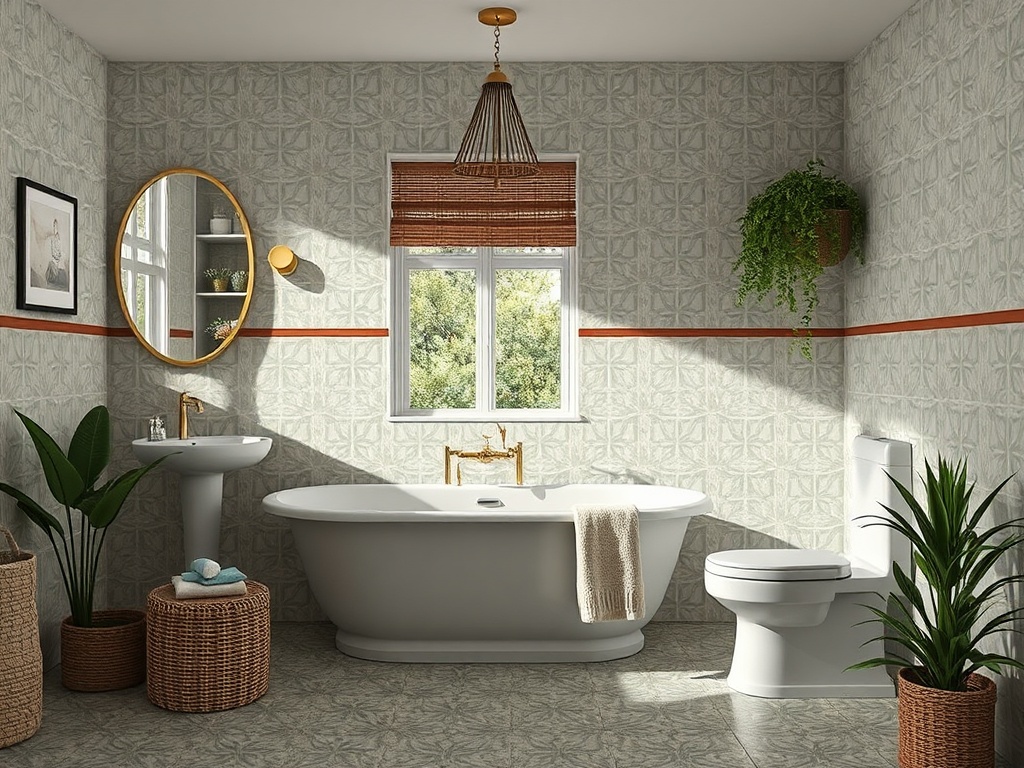 Современная ванная комната с белой ванной, умывальником и зелеными растениями на фоне светлых стен.