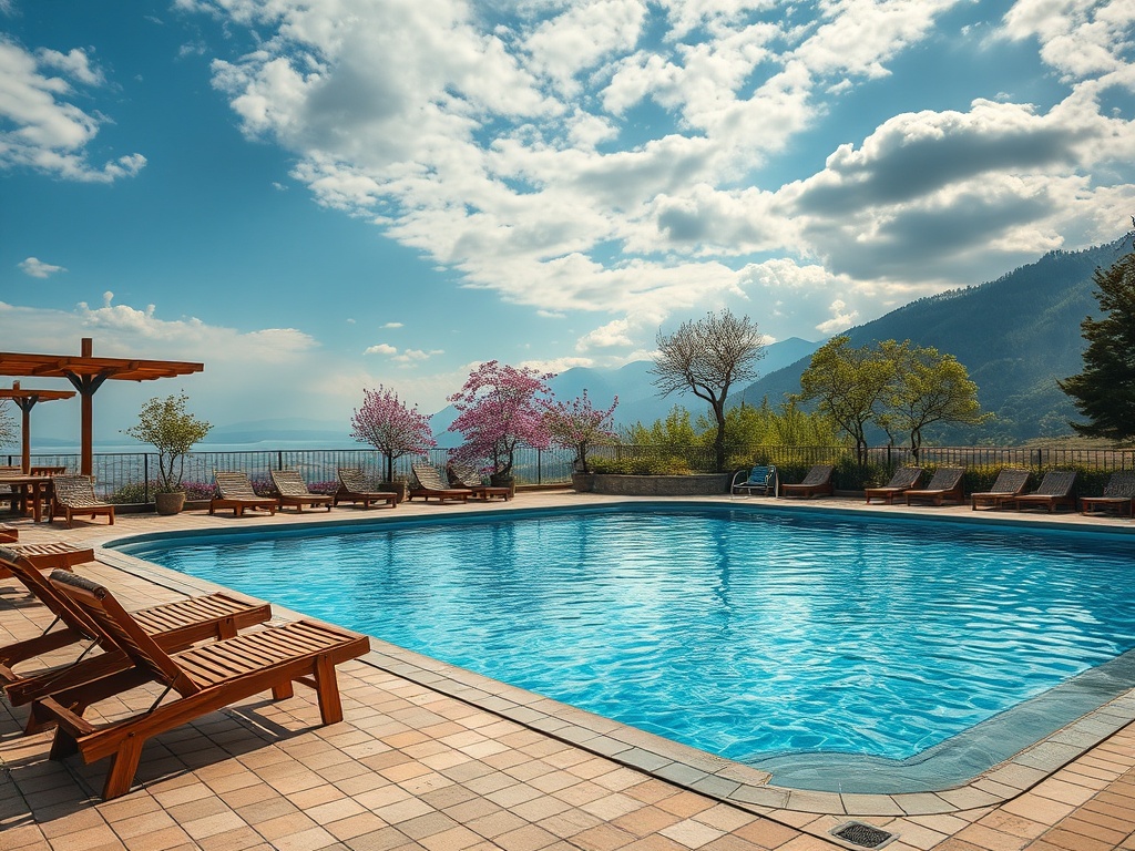 Пляжный бассейн с деревянными шезлонгами и цветущими деревьями на фоне горного пейзажа и синего неба.