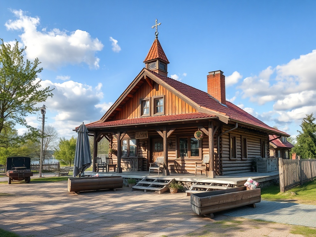 Деревянный дом с красной крышей, верандой и высоким крестом на крыше, окружённый зеленью и небом с облаками.