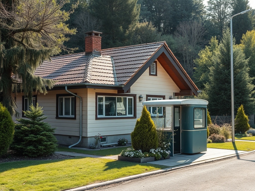 Деревянный дом с красной крышей и дачным будкой на зеленом газоне среди деревьев. Спокойная атмосфера.