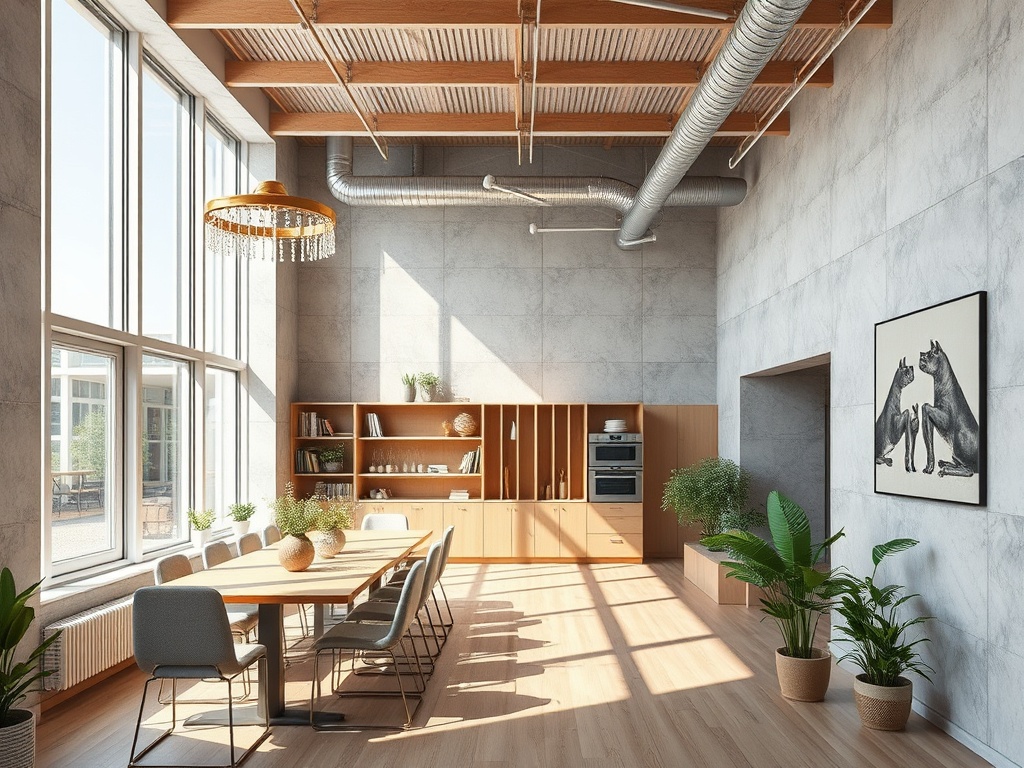 Современный интерьер кухни с большими окнами, деревянным столом и растениями в горшках. Эстетика минимализма.