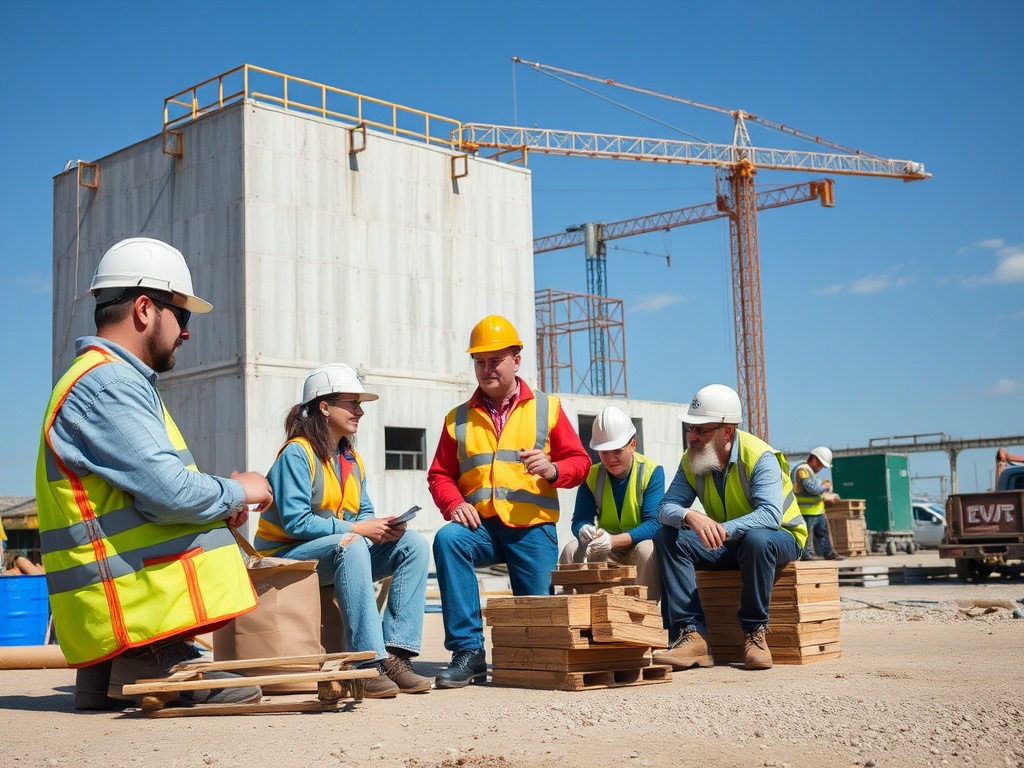 Группа работников в касках и жилетах обсуждают проект на строительной площадке под ясным небом.