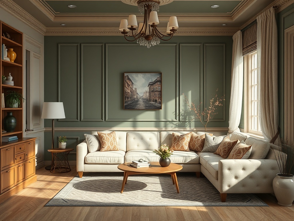 Современный светлый гостиной с уютным диваном, деревянным столом и зелеными растениями на фоне.