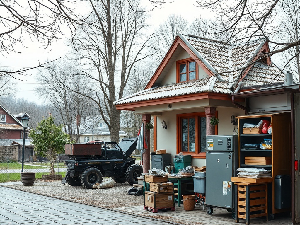 Дом с красной отделкой, рядом грузовик и различные предметы на улице. Деревья без листьев. Холодная погода.